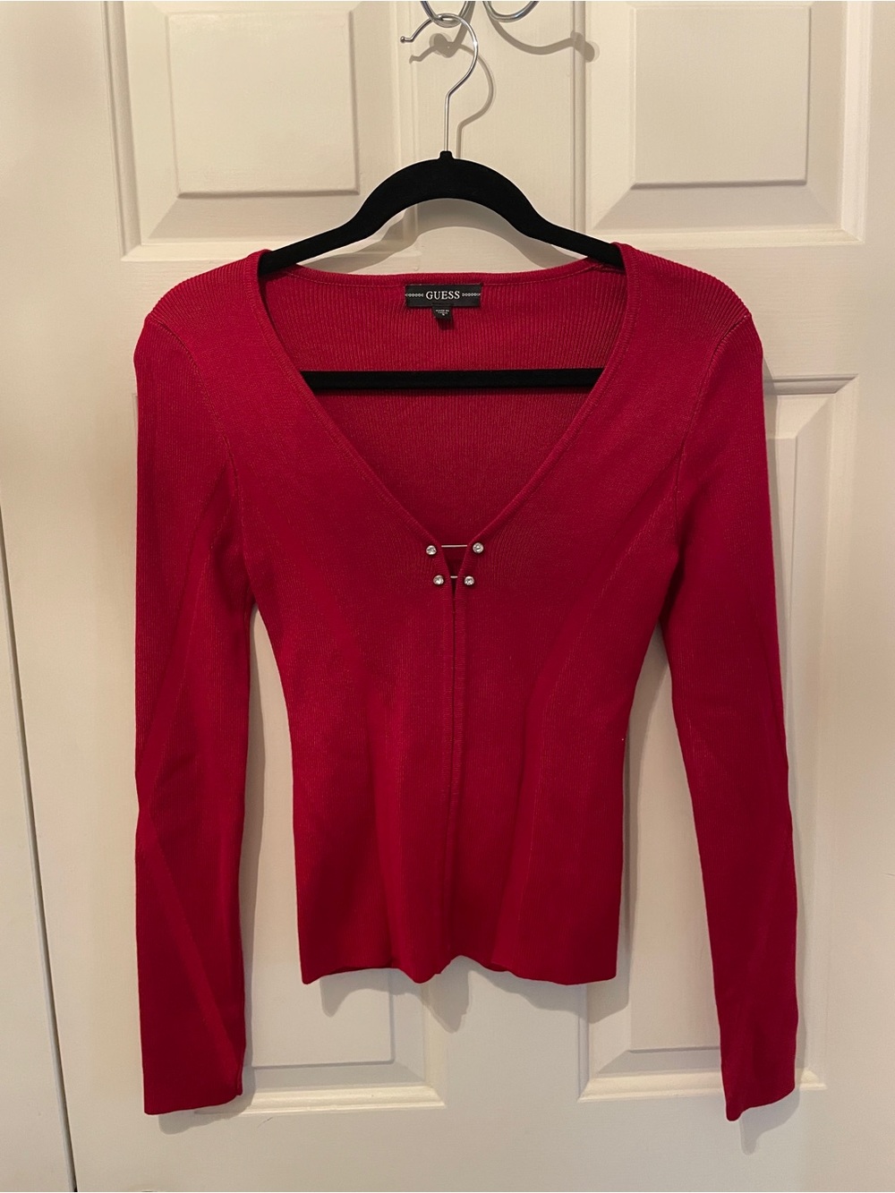 GUESS Women's Red V-Neck Long Sleeve Top with Center Accent - Picture 2 of 11